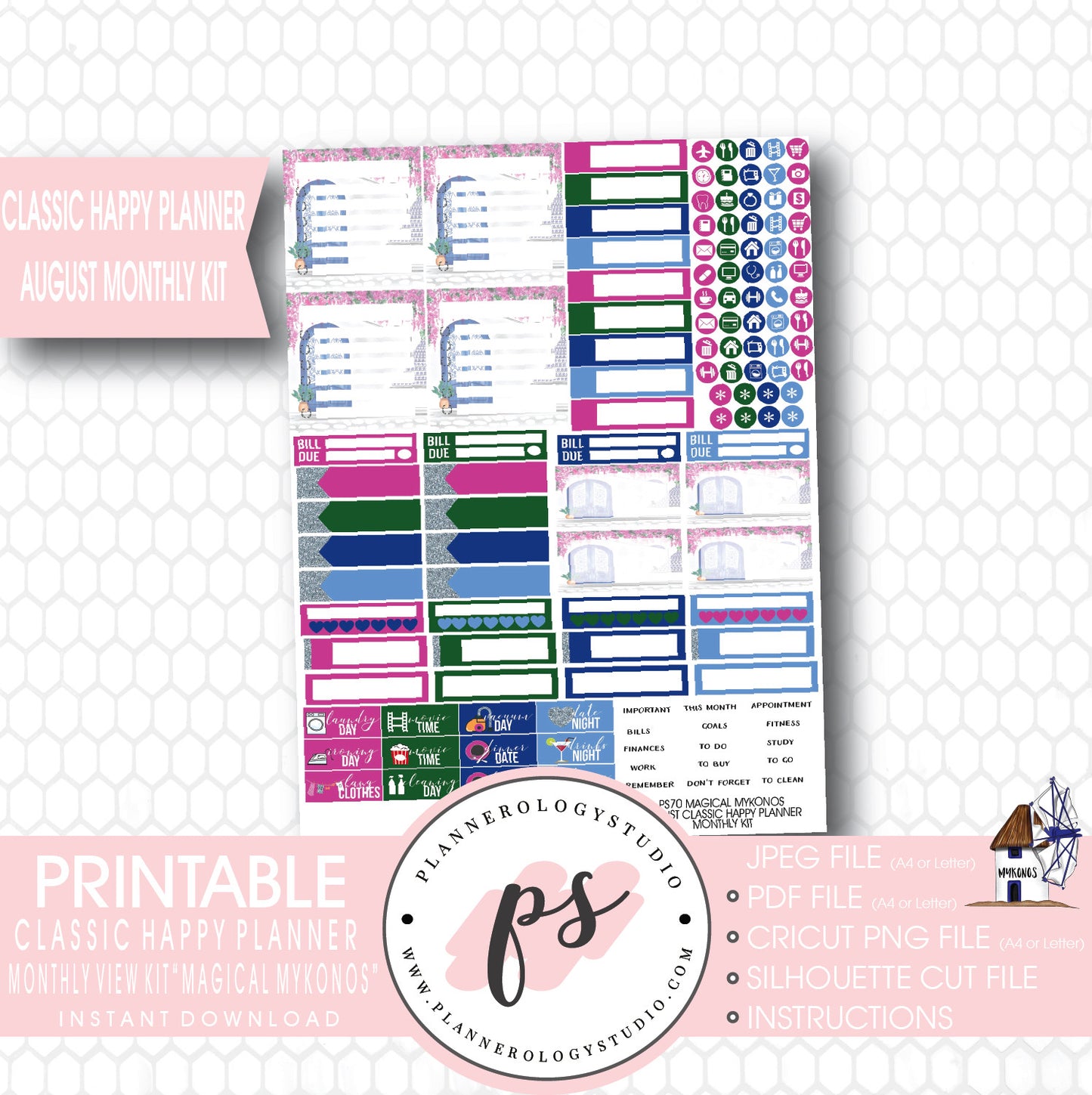 "Magical Mykonos" August 2017 Monthly View Kit Printable Planner Stickers (for use with Mambi Classic Happy Planner) - Plannerologystudio