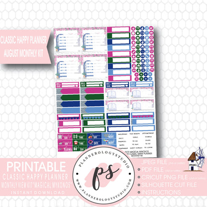 "Magical Mykonos" August 2017 Monthly View Kit Printable Planner Stickers (for use with Mambi Classic Happy Planner) - Plannerologystudio