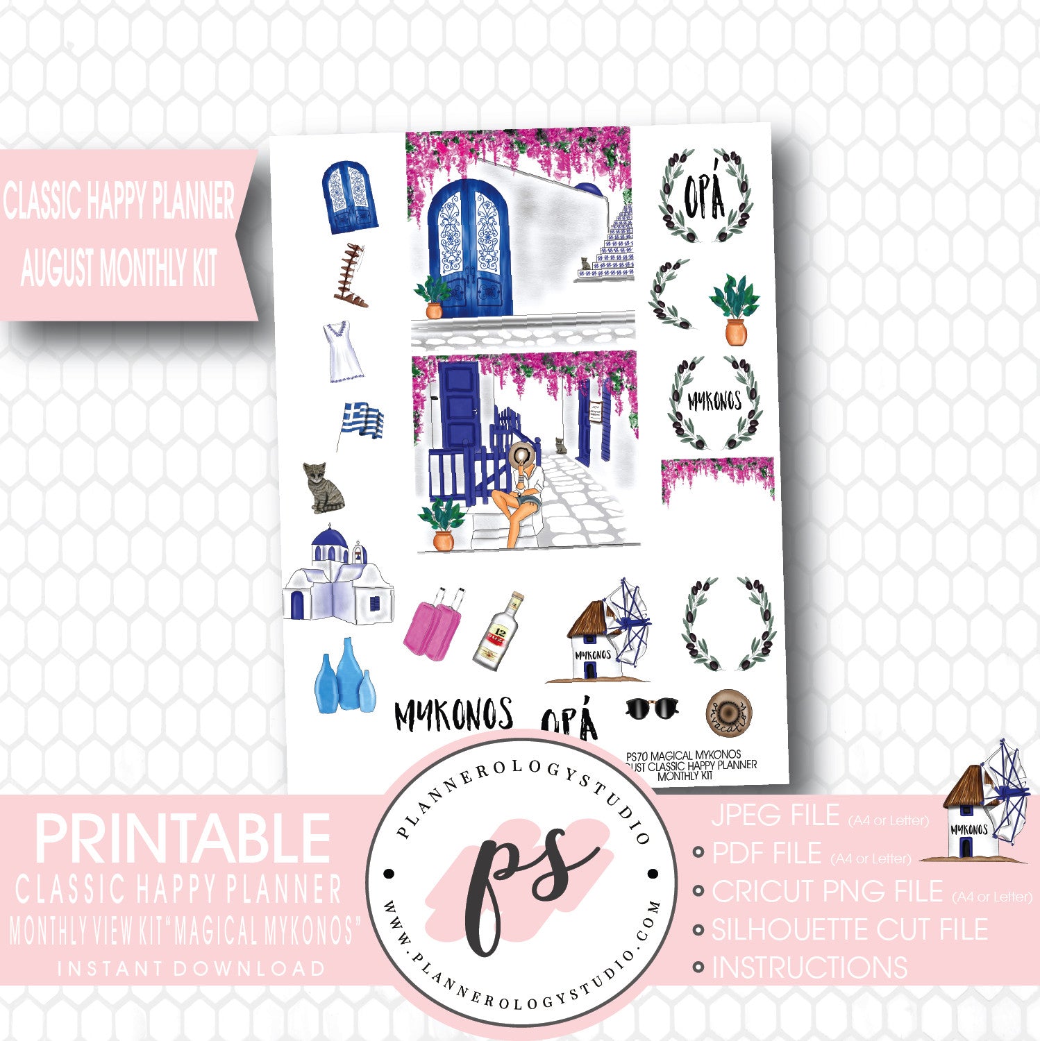 "Magical Mykonos" August 2017 Monthly View Kit Printable Planner Stickers (for use with Mambi Classic Happy Planner) - Plannerologystudio