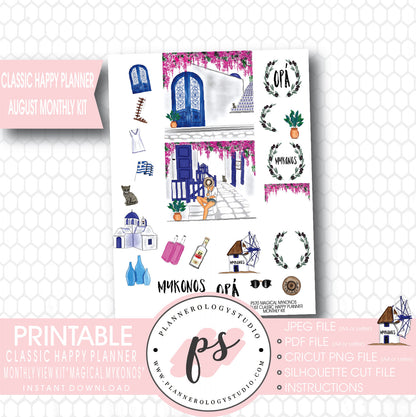 "Magical Mykonos" August 2017 Monthly View Kit Printable Planner Stickers (for use with Mambi Classic Happy Planner) - Plannerologystudio