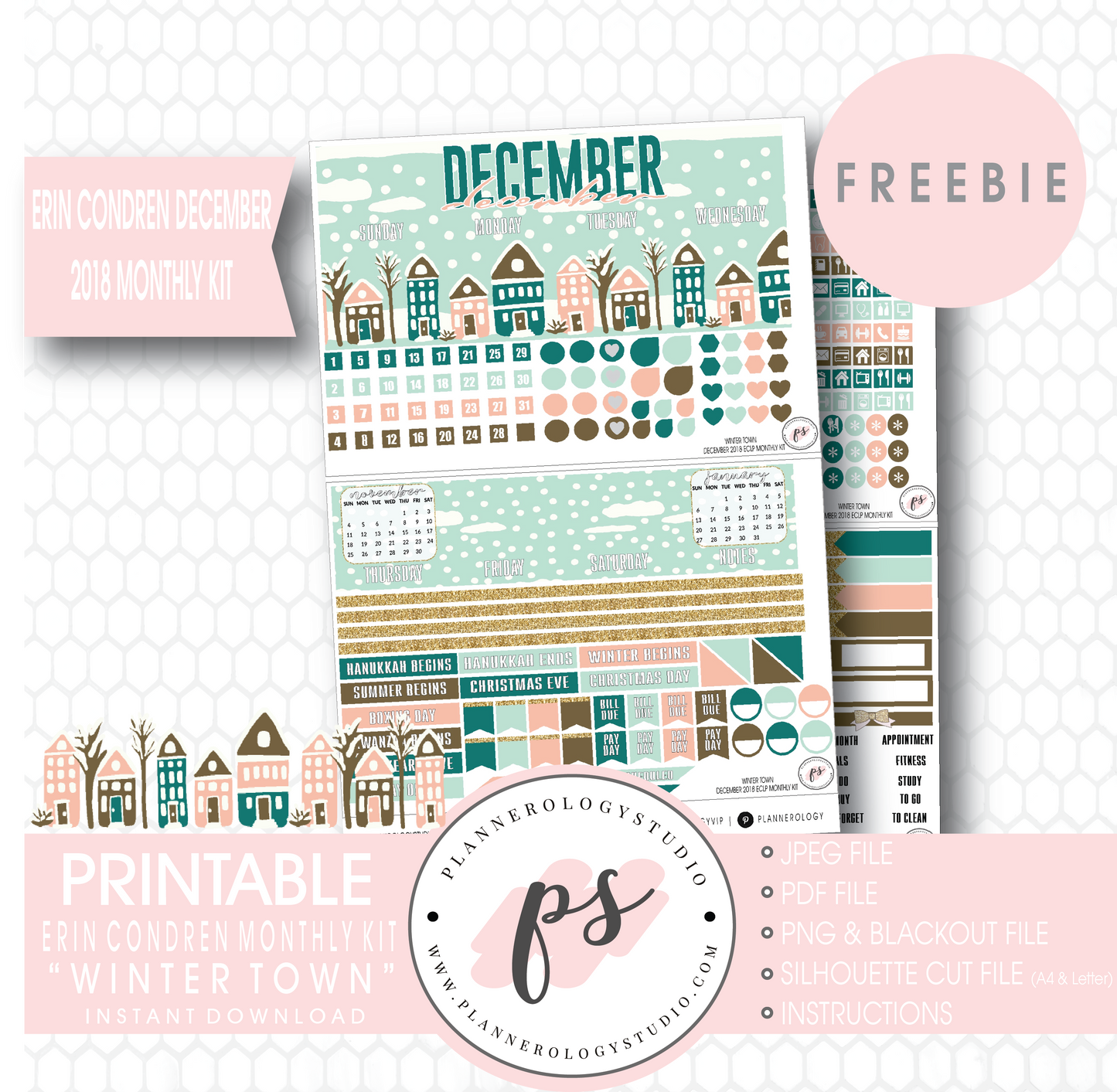 Winter Town ECLP Erin Condren December 2018 Monthly Kit Digital Printable Planner Stickers (PDF/JPG/PNG/Cut File Freebie) - Plannerologystudio