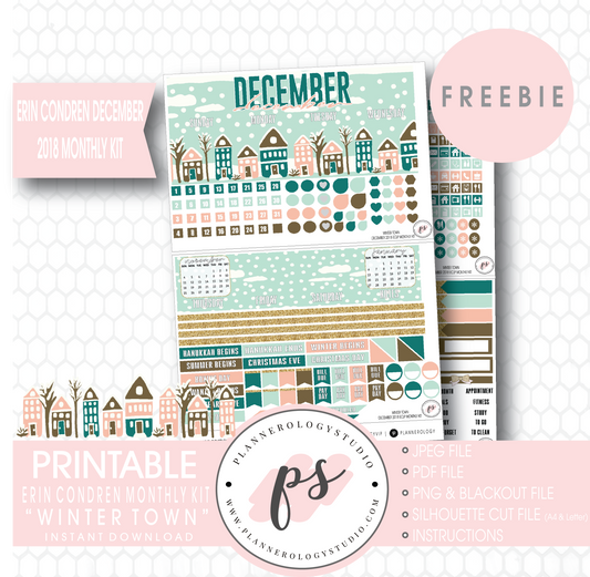 Winter Town ECLP Erin Condren December 2018 Monthly Kit Digital Printable Planner Stickers (PDF/JPG/PNG/Cut File Freebie) - Plannerologystudio