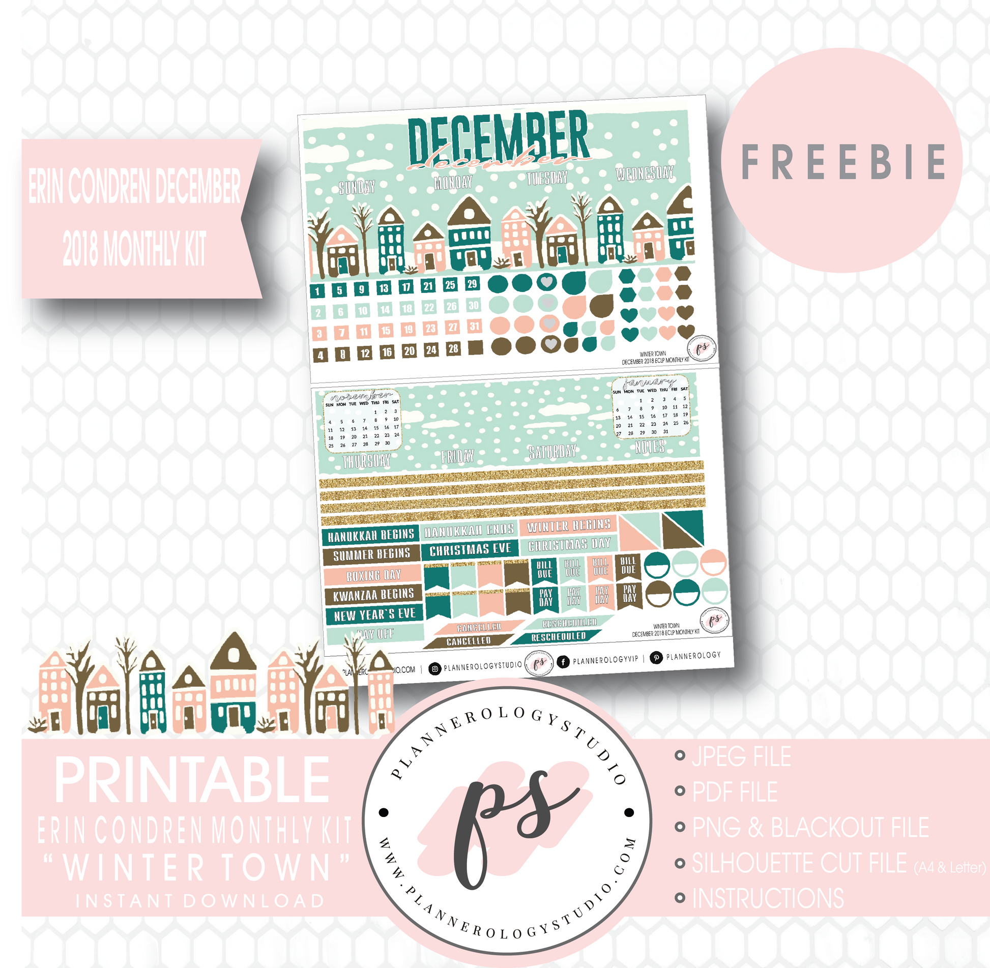 Winter Town ECLP Erin Condren December 2018 Monthly Kit Digital Printable Planner Stickers (PDF/JPG/PNG/Cut File Freebie) - Plannerologystudio