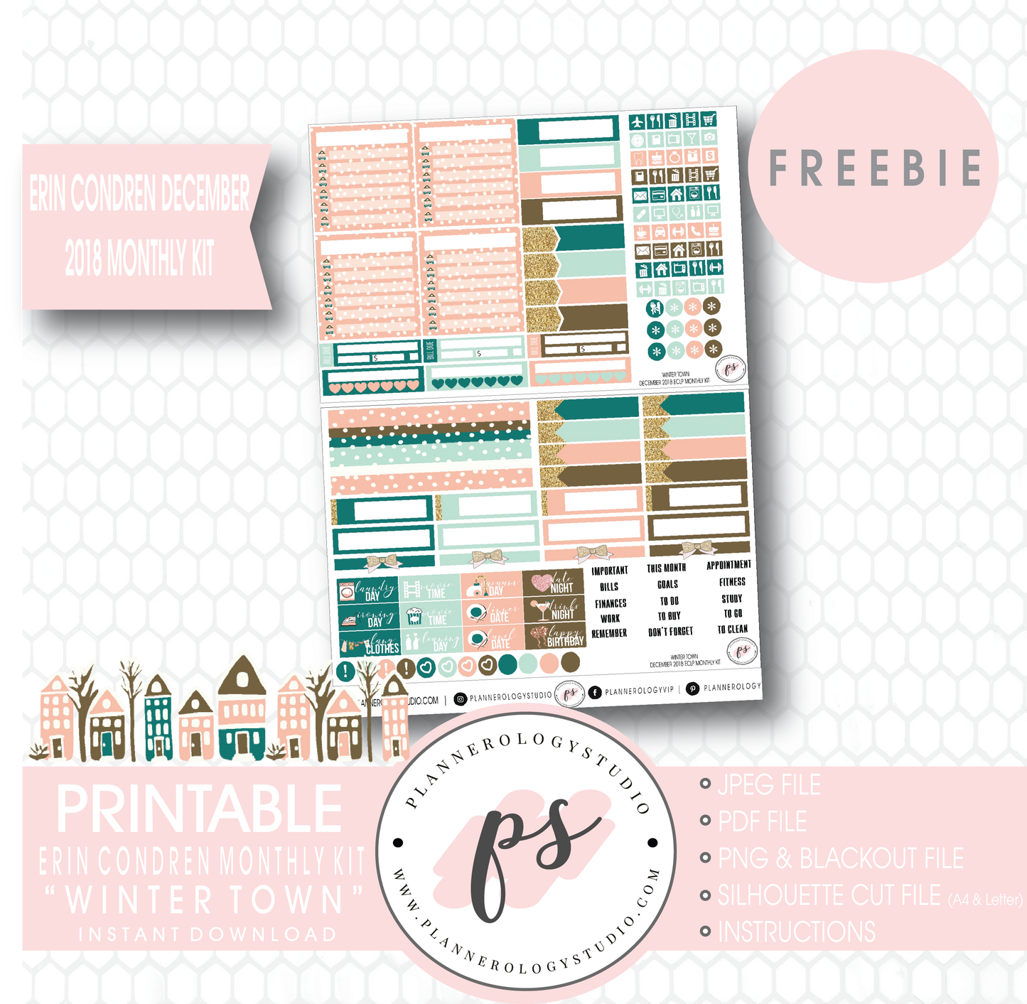 Winter Town ECLP Erin Condren December 2018 Monthly Kit Digital Printable Planner Stickers (PDF/JPG/PNG/Cut File Freebie) - Plannerologystudio