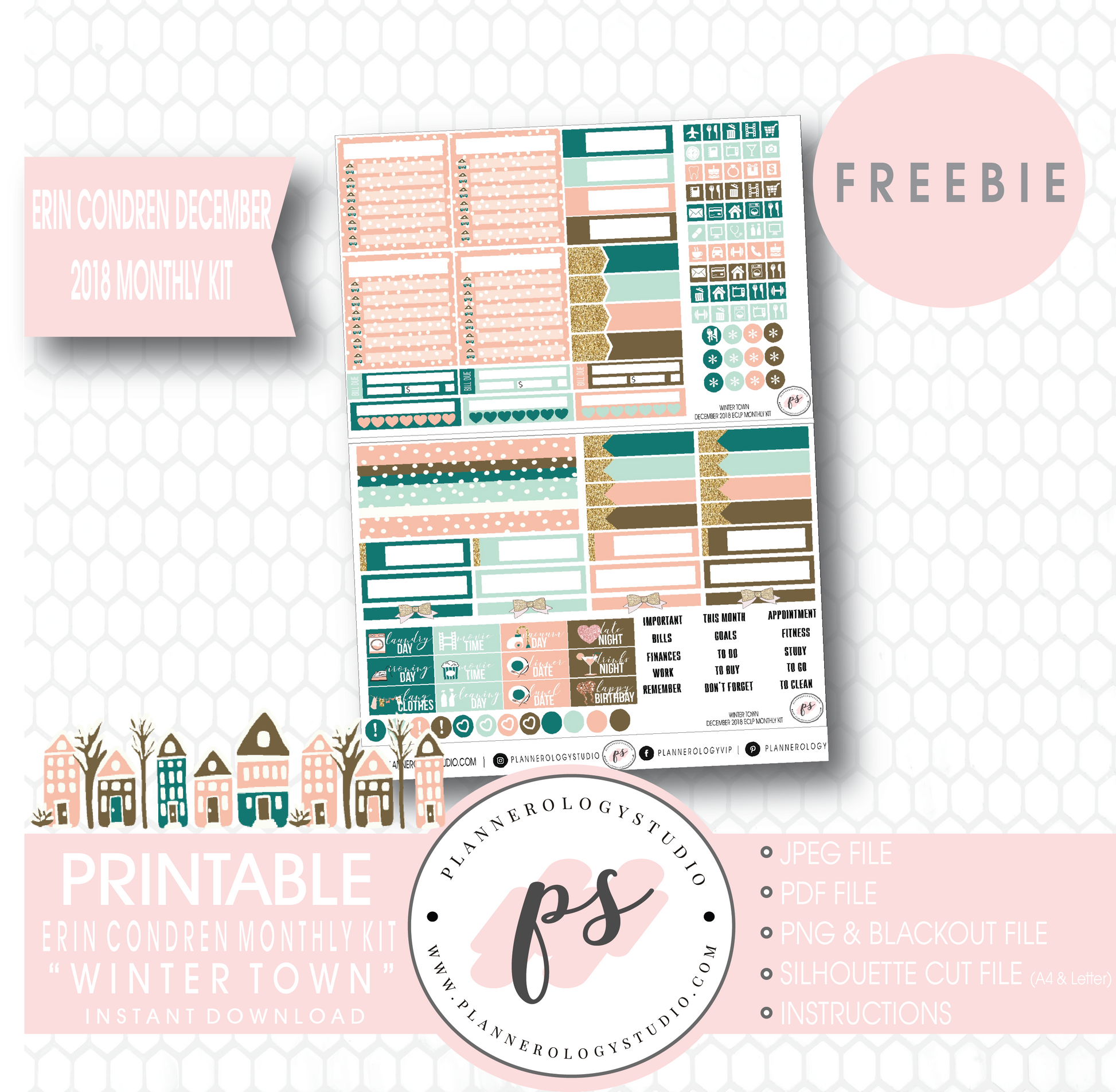 Winter Town ECLP Erin Condren December 2018 Monthly Kit Digital Printable Planner Stickers (PDF/JPG/PNG/Cut File Freebie) - Plannerologystudio