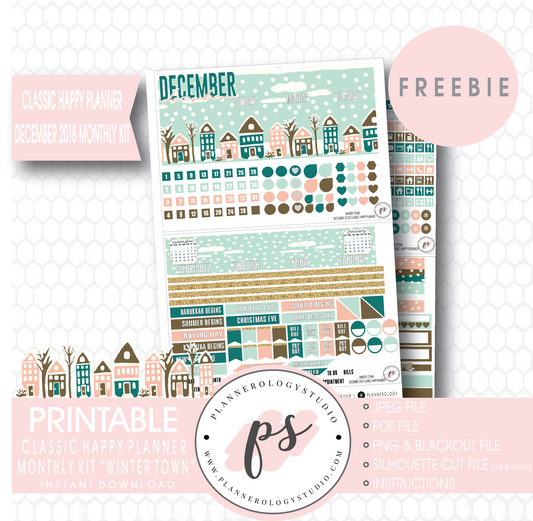 Winter Town Classic Happy Planner December 2018 Monthly Kit Digital Printable Planner Stickers (PDF/JPG/PNG/Cut File Freebie) - Plannerologystudio