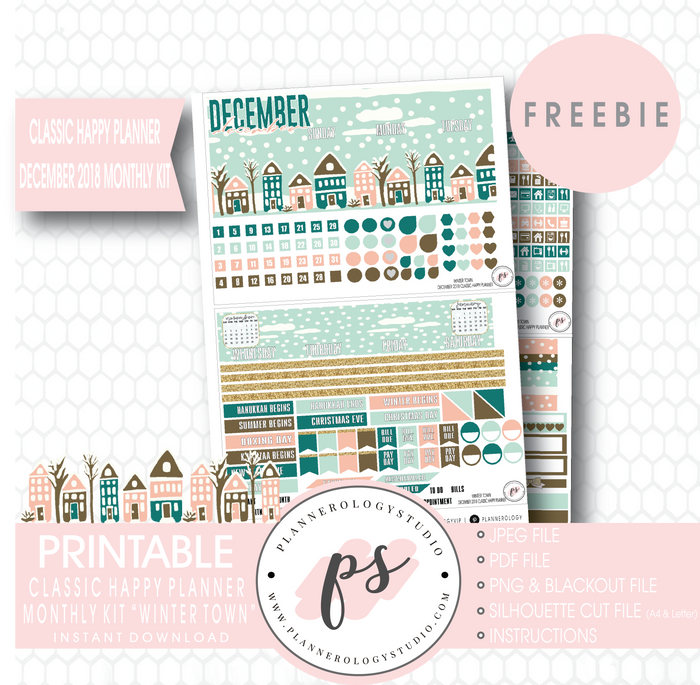 Winter Town Classic Happy Planner December 2018 Monthly Kit Digital Printable Planner Stickers (PDF/JPG/PNG/Cut File Freebie) - Plannerologystudio