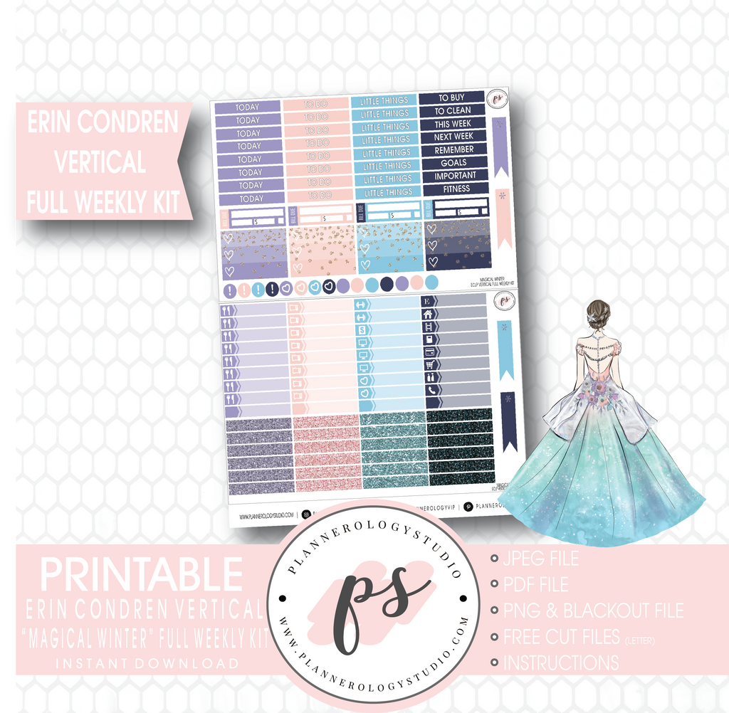 Magical Winter Full Weekly Kit Printable Planner Stickers (for use with Erin Condren Vertical) - Plannerologystudio
