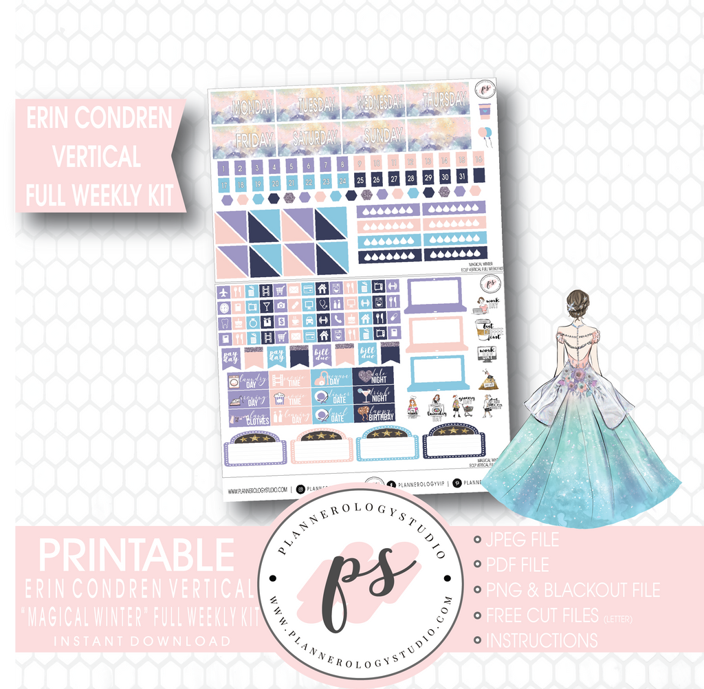 Magical Winter Full Weekly Kit Printable Planner Stickers (for use with Erin Condren Vertical) - Plannerologystudio
