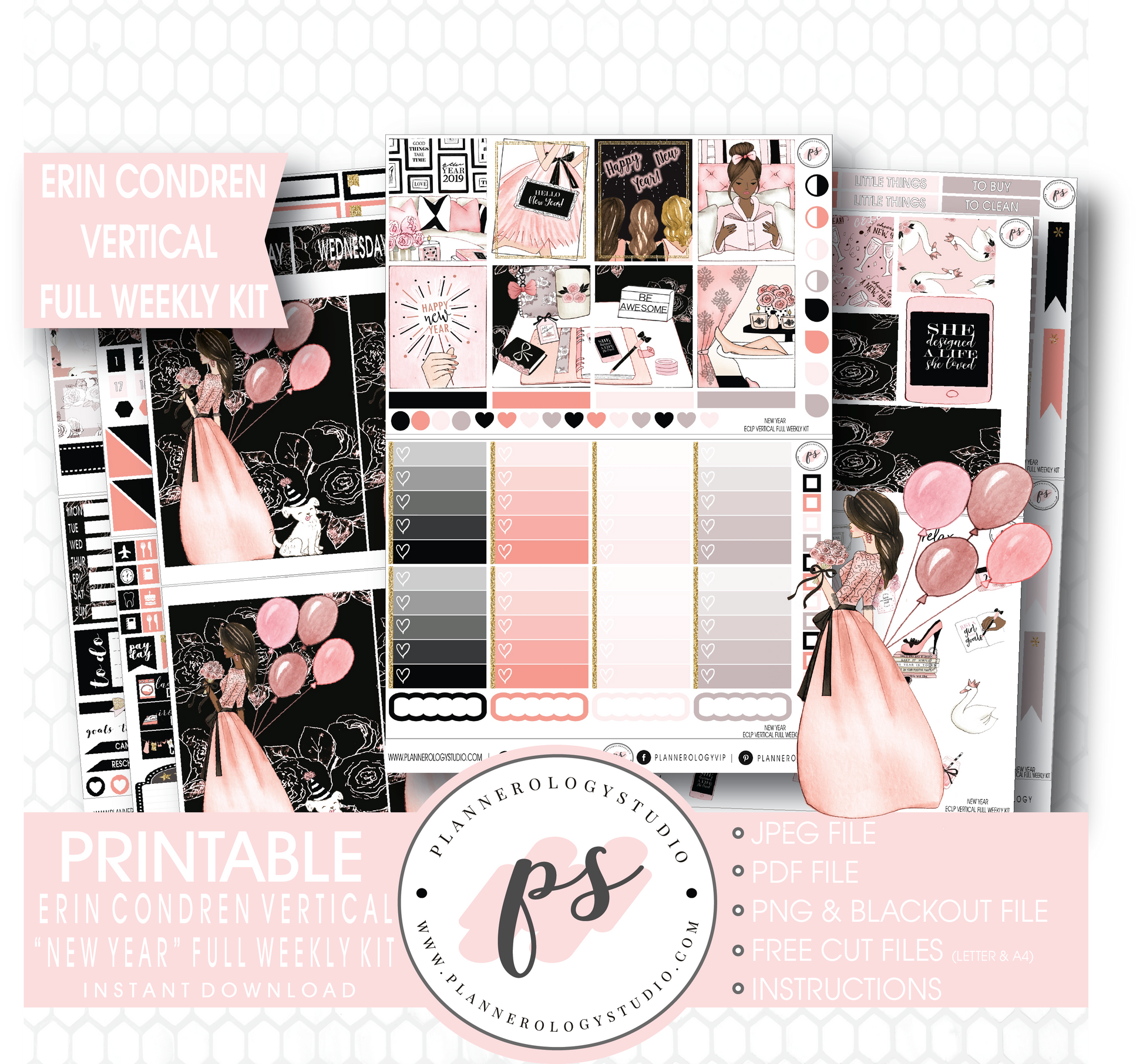 New Year Full Weekly Kit Printable Planner Stickers (for use with Erin Condren Vertical) - Plannerologystudio