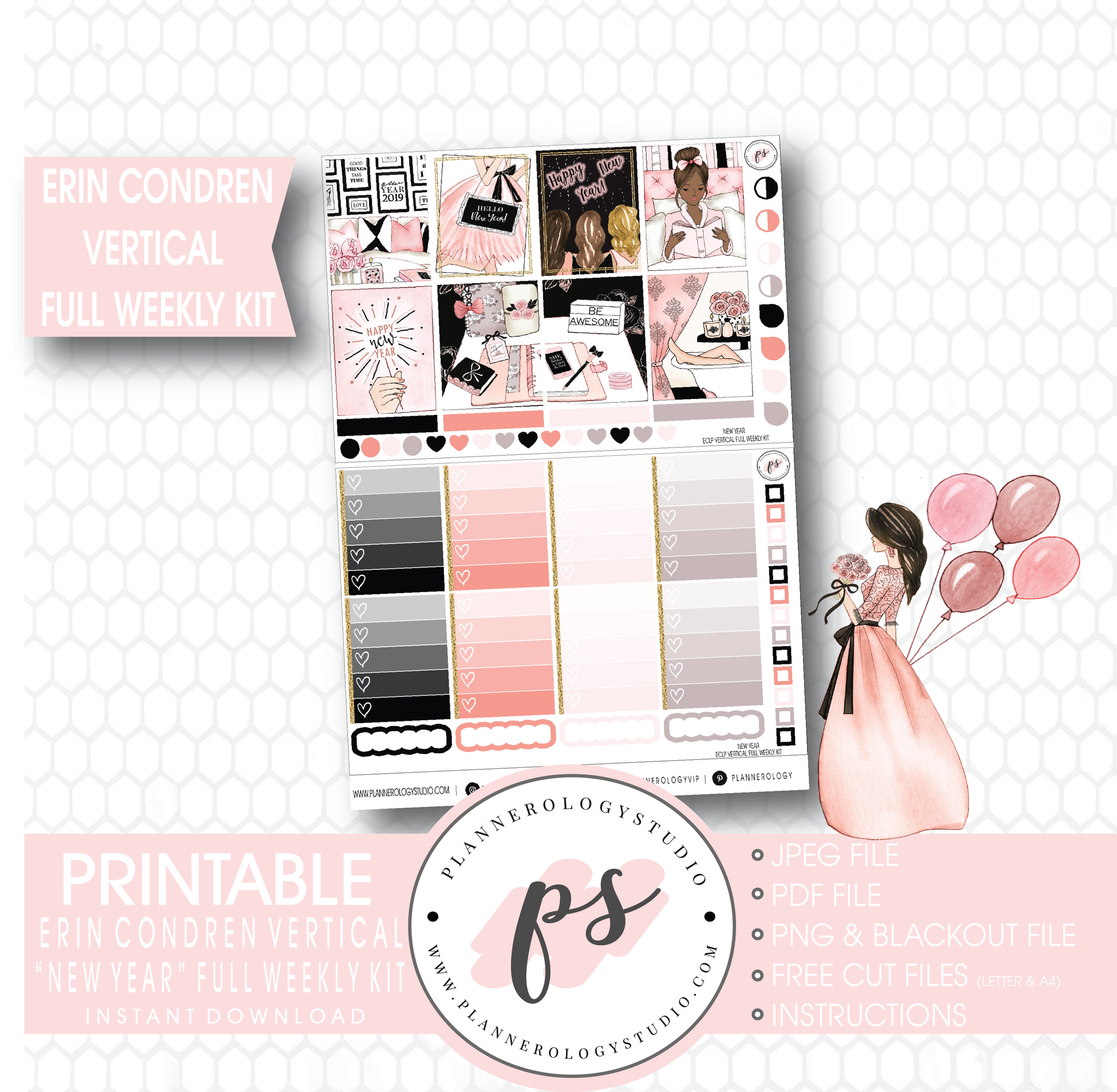 New Year Full Weekly Kit Printable Planner Stickers (for use with Erin Condren Vertical) - Plannerologystudio