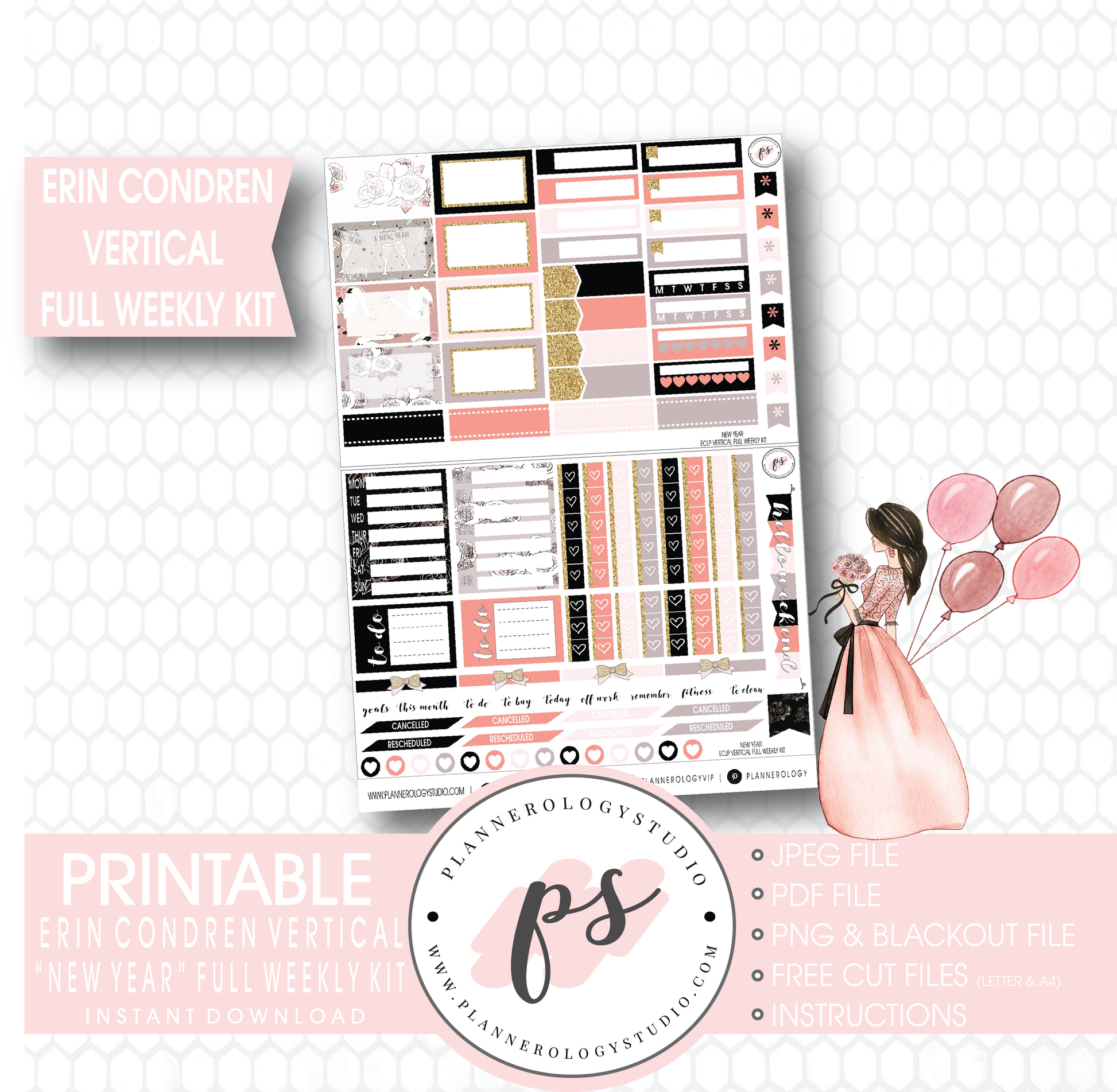 New Year Full Weekly Kit Printable Planner Stickers (for use with Erin Condren Vertical) - Plannerologystudio