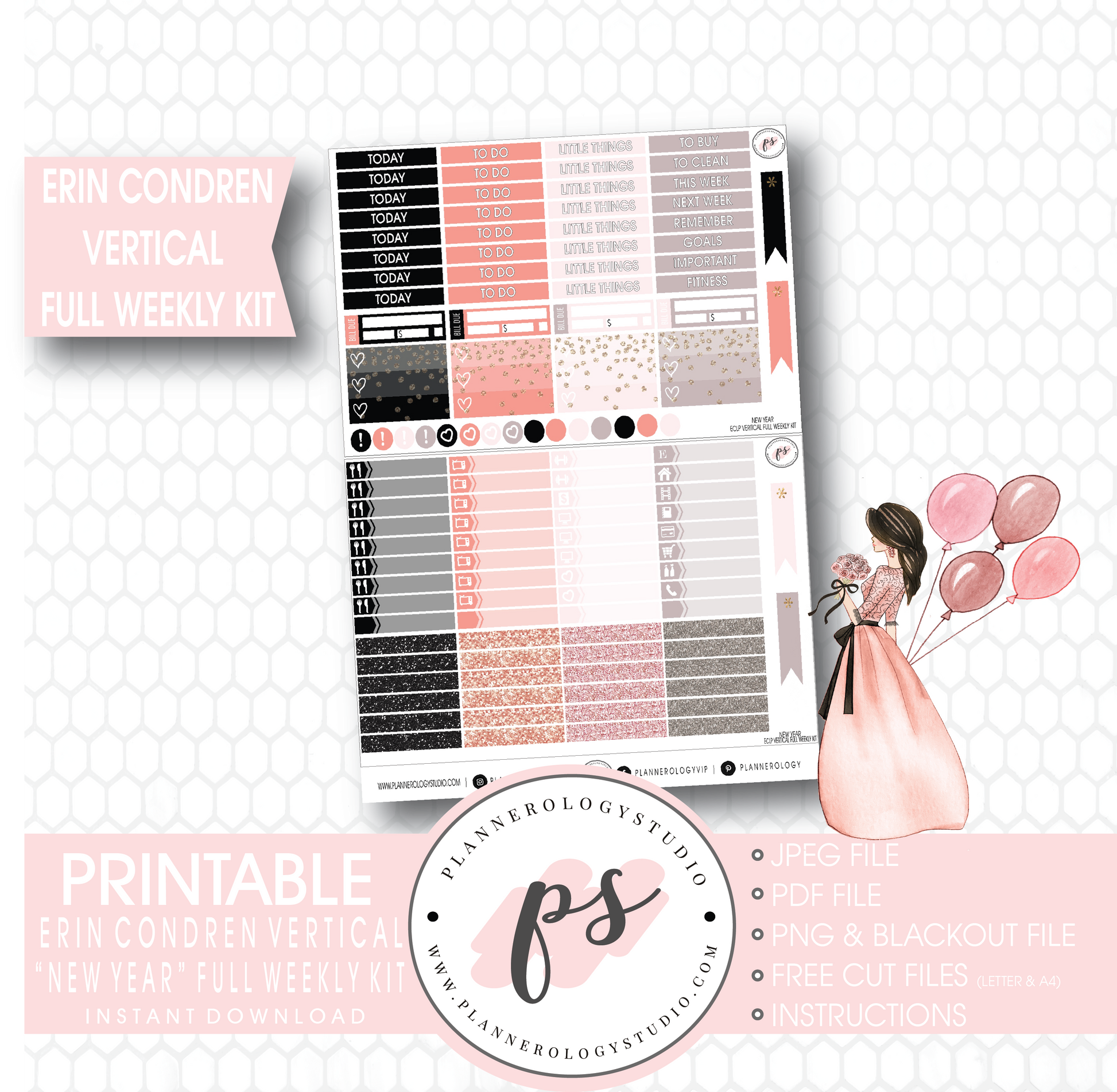 New Year Full Weekly Kit Printable Planner Stickers (for use with Erin Condren Vertical) - Plannerologystudio