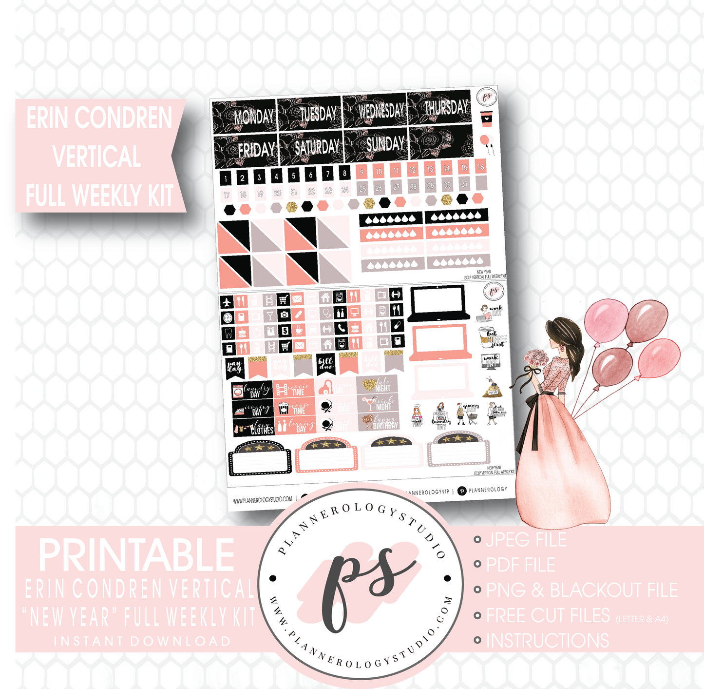 New Year Full Weekly Kit Printable Planner Stickers (for use with Erin Condren Vertical) - Plannerologystudio