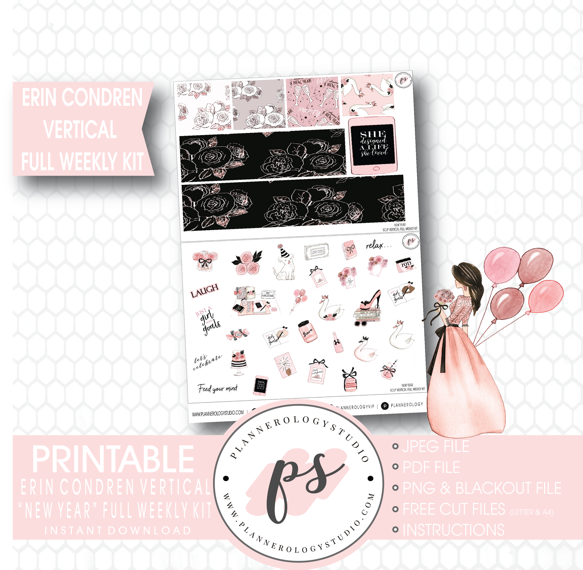 New Year Full Weekly Kit Printable Planner Stickers (for use with Erin Condren Vertical) - Plannerologystudio