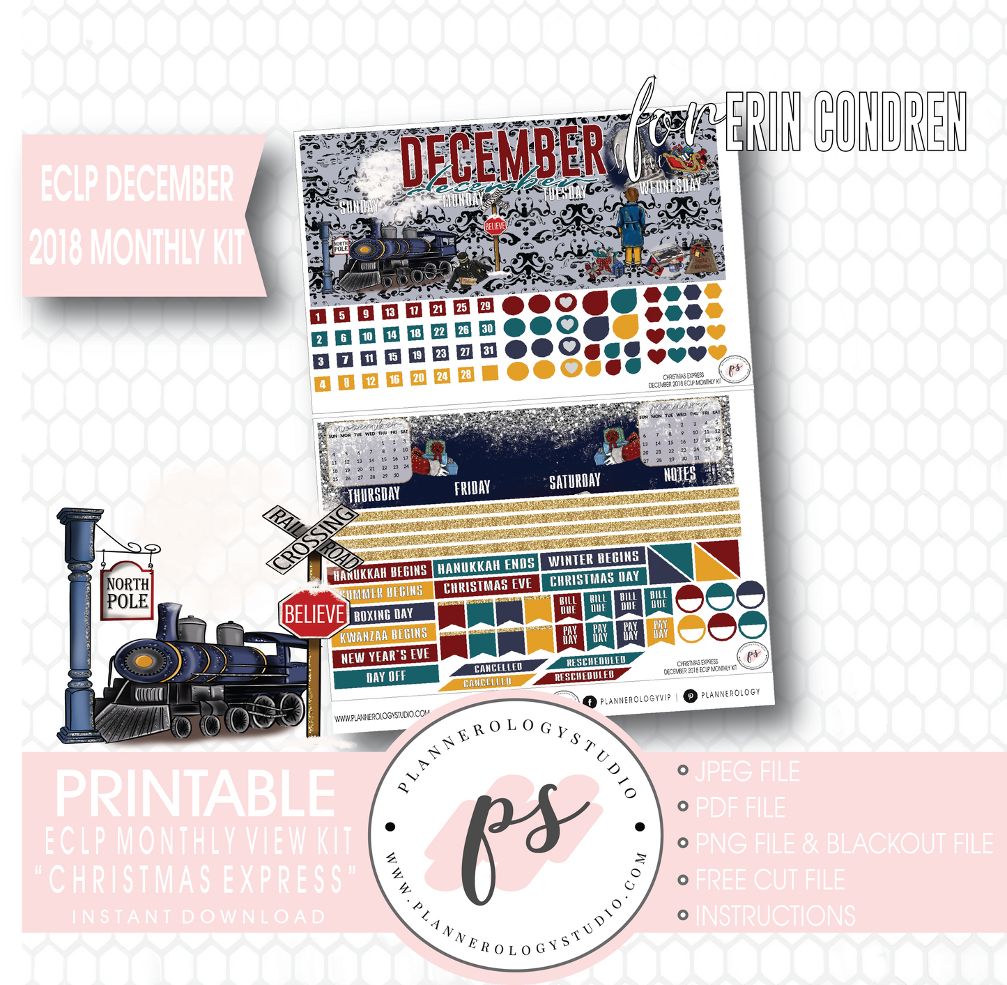 Christmas Express (The Polar Express) December 2018 Monthly View Kit Digital Printable Planner Stickers (for use with Erin Condren) - Plannerologystudio