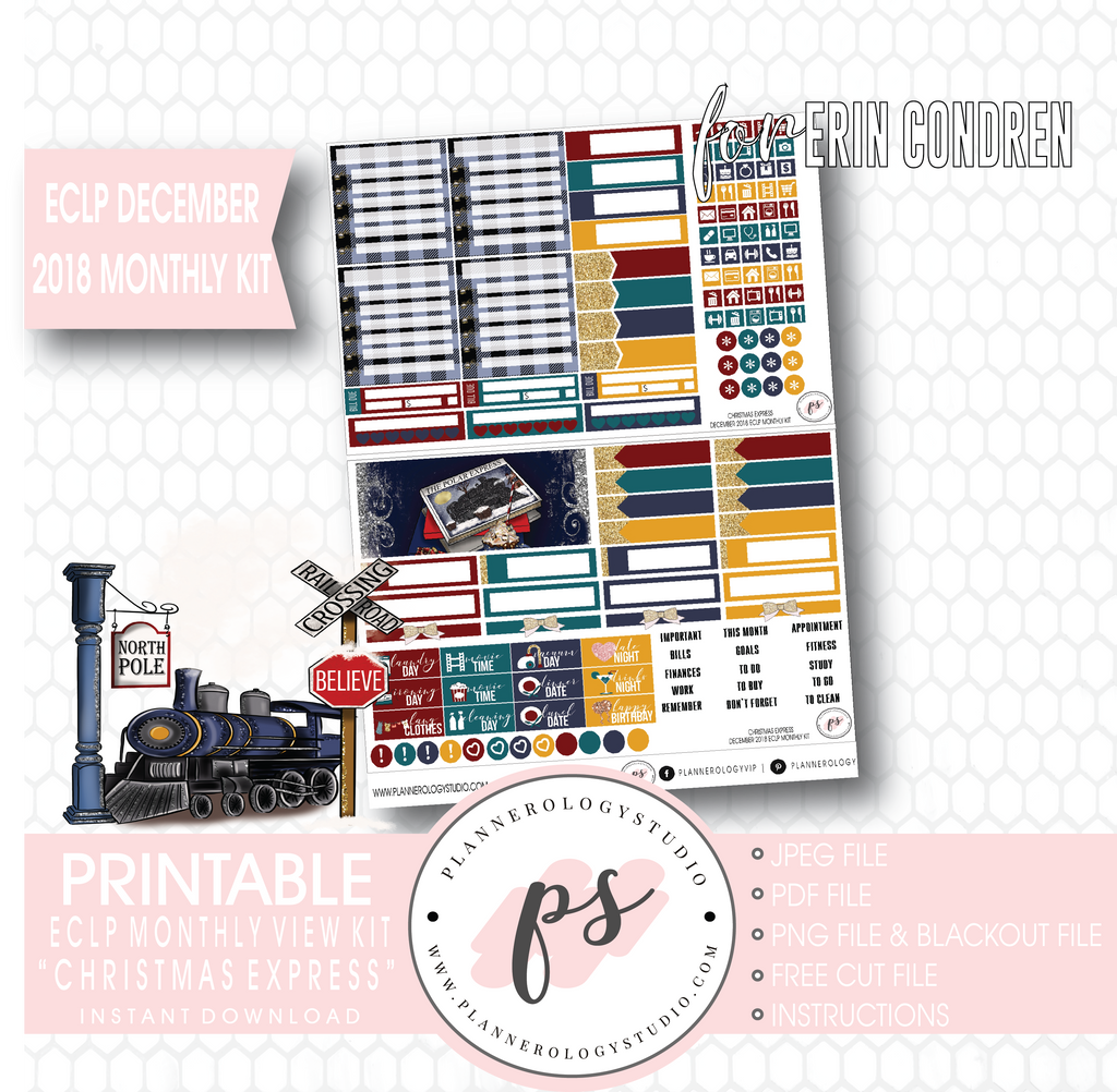 Christmas Express (The Polar Express) December 2018 Monthly View Kit Digital Printable Planner Stickers (for use with Erin Condren) - Plannerologystudio