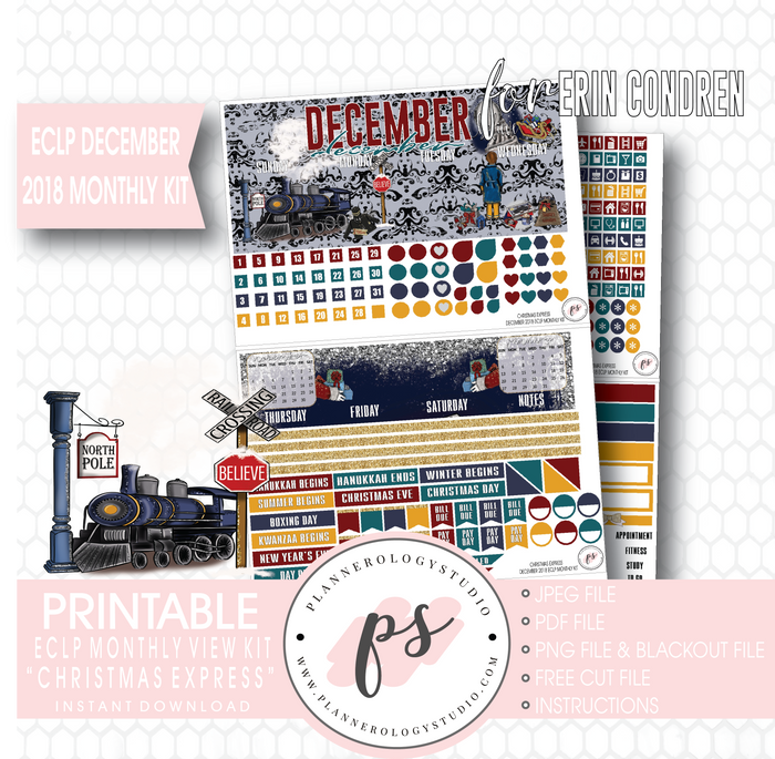 Christmas Express (The Polar Express) December 2018 Monthly View Kit Digital Printable Planner Stickers (for use with Erin Condren) - Plannerologystudio