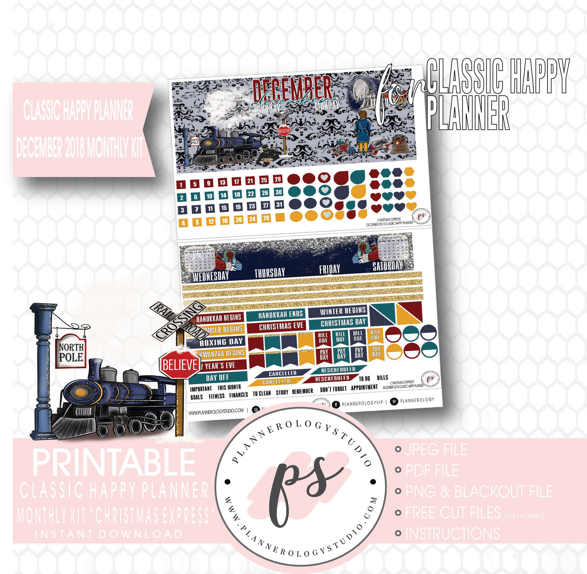 Christmas Express (The Polar Express) December 2018 Monthly View Kit Digital Printable Planner Stickers (for use with Classic Happy Planner) - Plannerologystudio