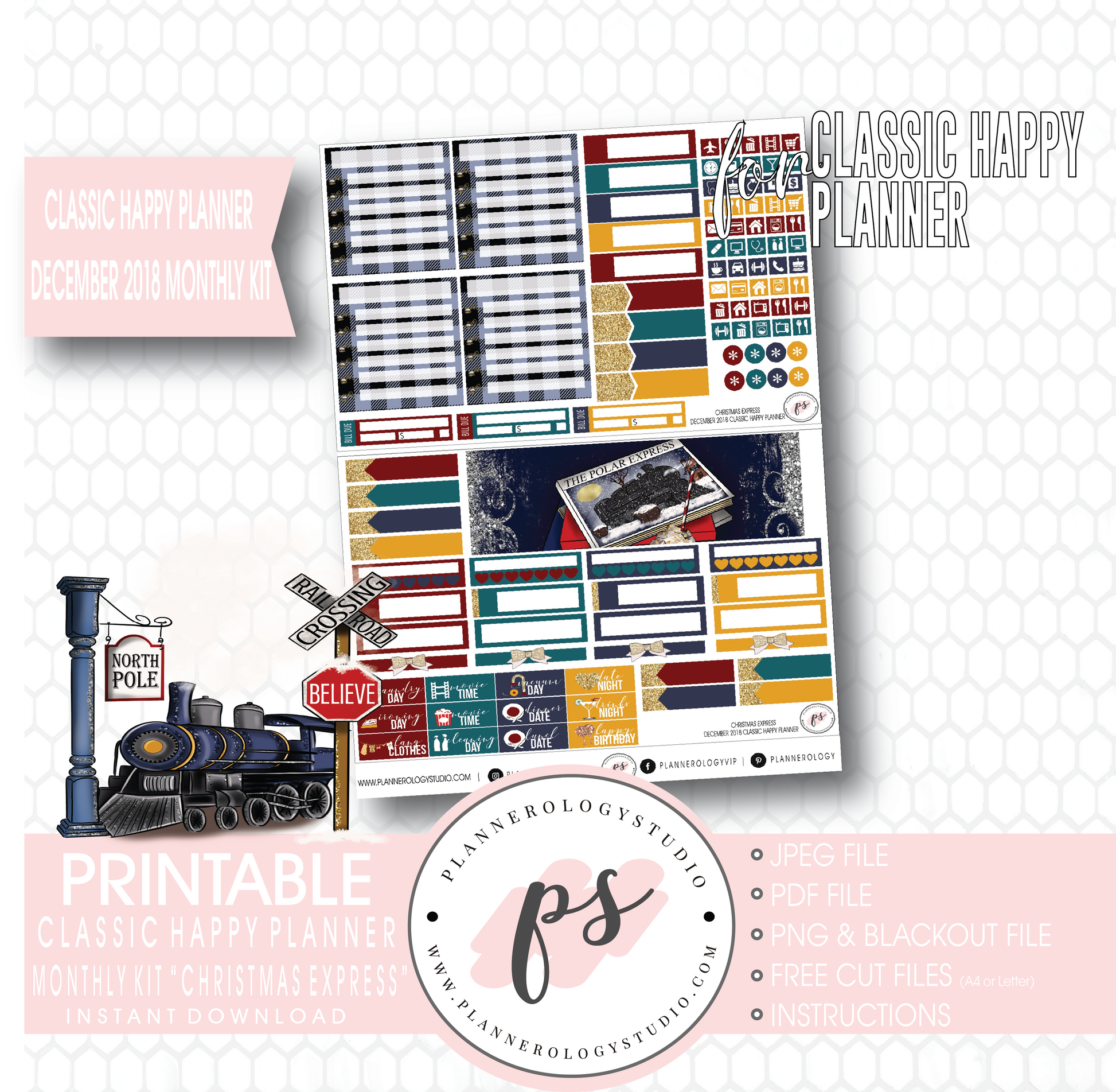 Christmas Express (The Polar Express) December 2018 Monthly View Kit Digital Printable Planner Stickers (for use with Classic Happy Planner) - Plannerologystudio