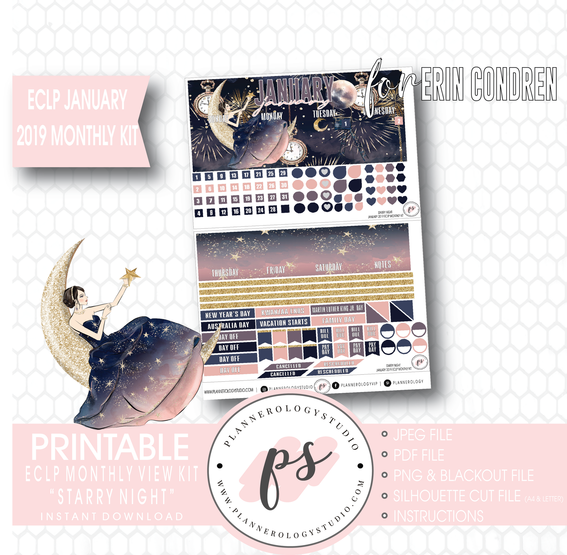 Starry Night New Years January (Undated) Monthly View Kit Digital Printable Planner Stickers (for use with Erin Condren) - Plannerologystudio