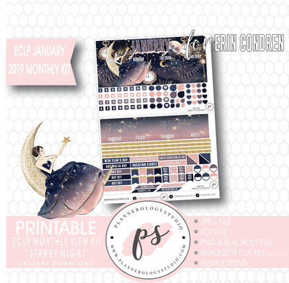 Starry Night New Years January (Undated) Monthly View Kit Digital Printable Planner Stickers (for use with Erin Condren) - Plannerologystudio