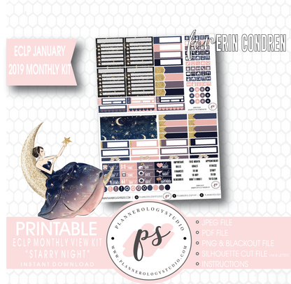Starry Night New Years January (Undated) Monthly View Kit Digital Printable Planner Stickers (for use with Erin Condren) - Plannerologystudio