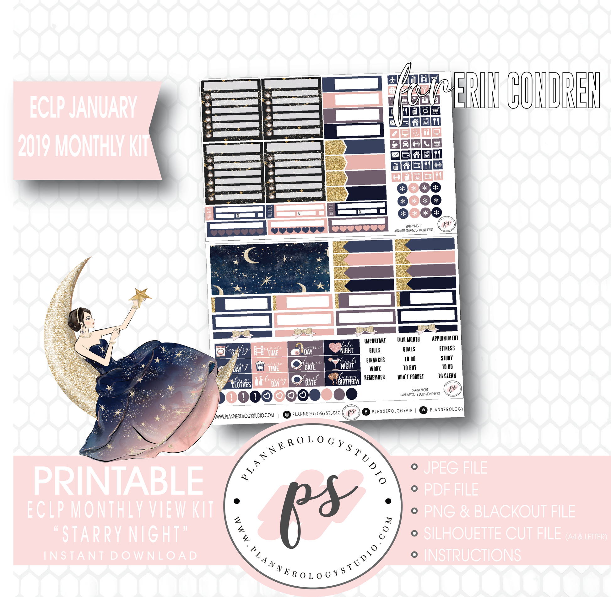 Starry Night New Years January (Undated) Monthly View Kit Digital Printable Planner Stickers (for use with Erin Condren) - Plannerologystudio