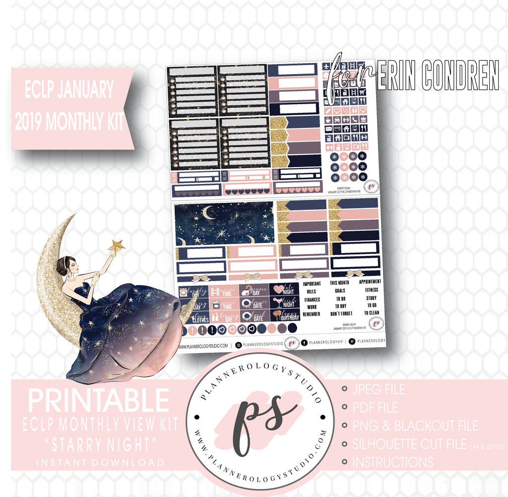Starry Night New Years January (Undated) Monthly View Kit Digital Printable Planner Stickers (for use with Erin Condren) - Plannerologystudio