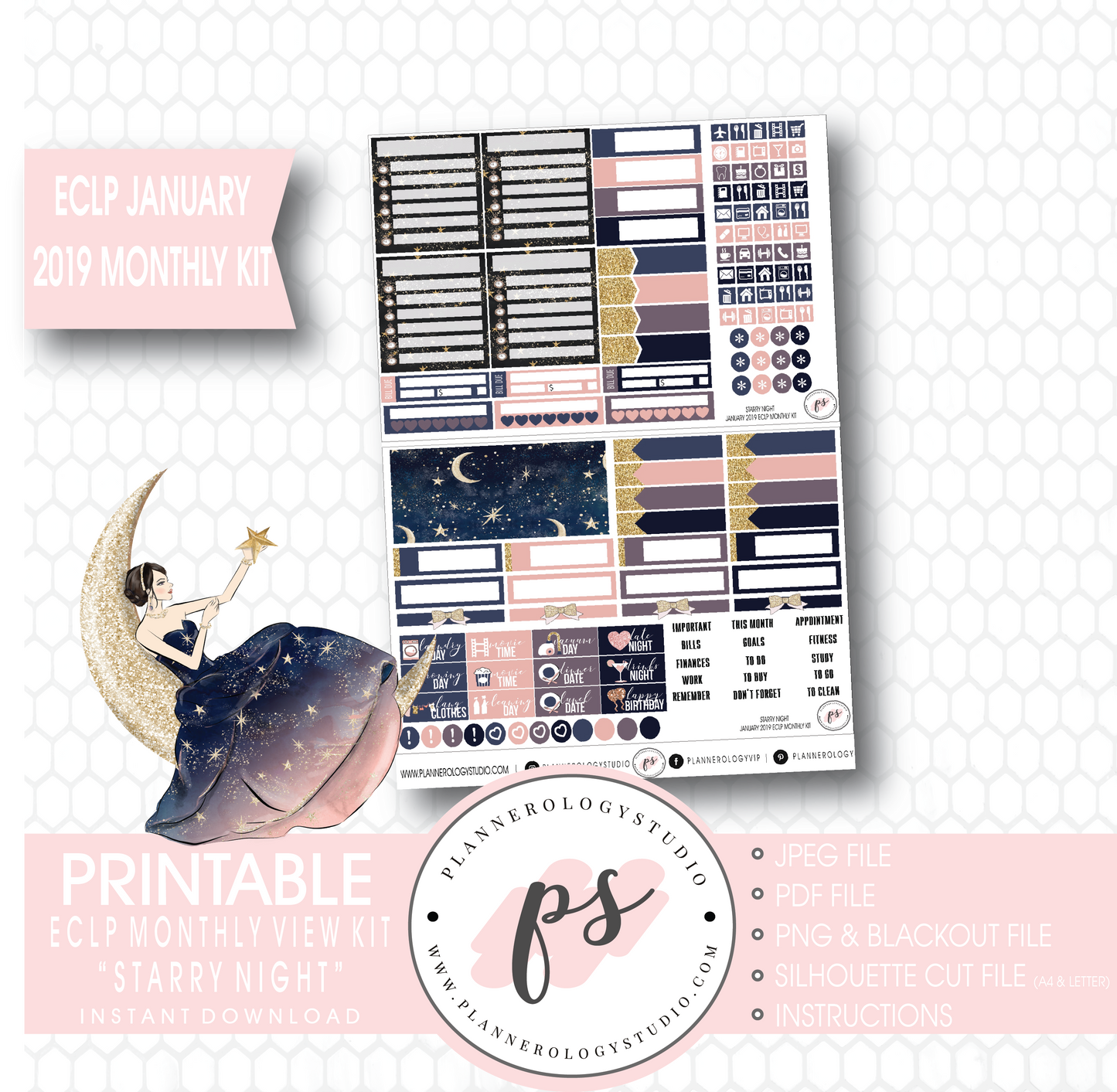 Starry Night New Years January 2019 Monthly View Kit Digital Printable Planner Stickers (for use with Erin Condren) - Plannerologystudio