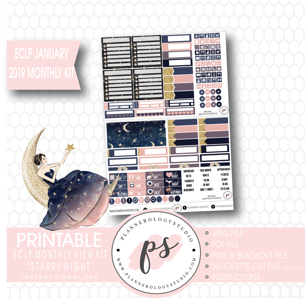 Starry Night New Years January 2019 Monthly View Kit Digital Printable Planner Stickers (for use with Erin Condren) - Plannerologystudio