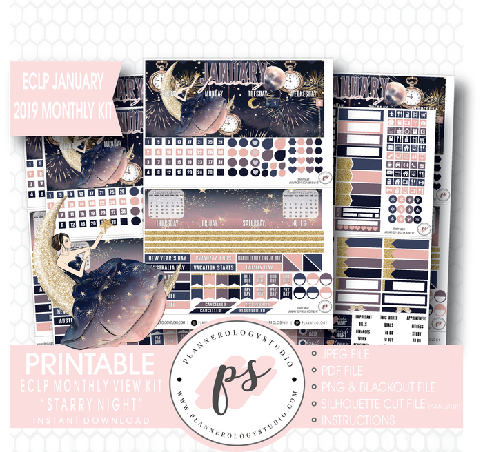 Starry Night New Years January 2019 Monthly View Kit Digital Printable Planner Stickers (for use with Erin Condren) - Plannerologystudio