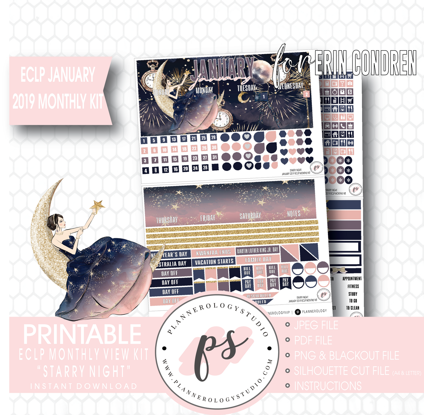 Starry Night New Years January (Undated) Monthly View Kit Digital Printable Planner Stickers (for use with Erin Condren) - Plannerologystudio