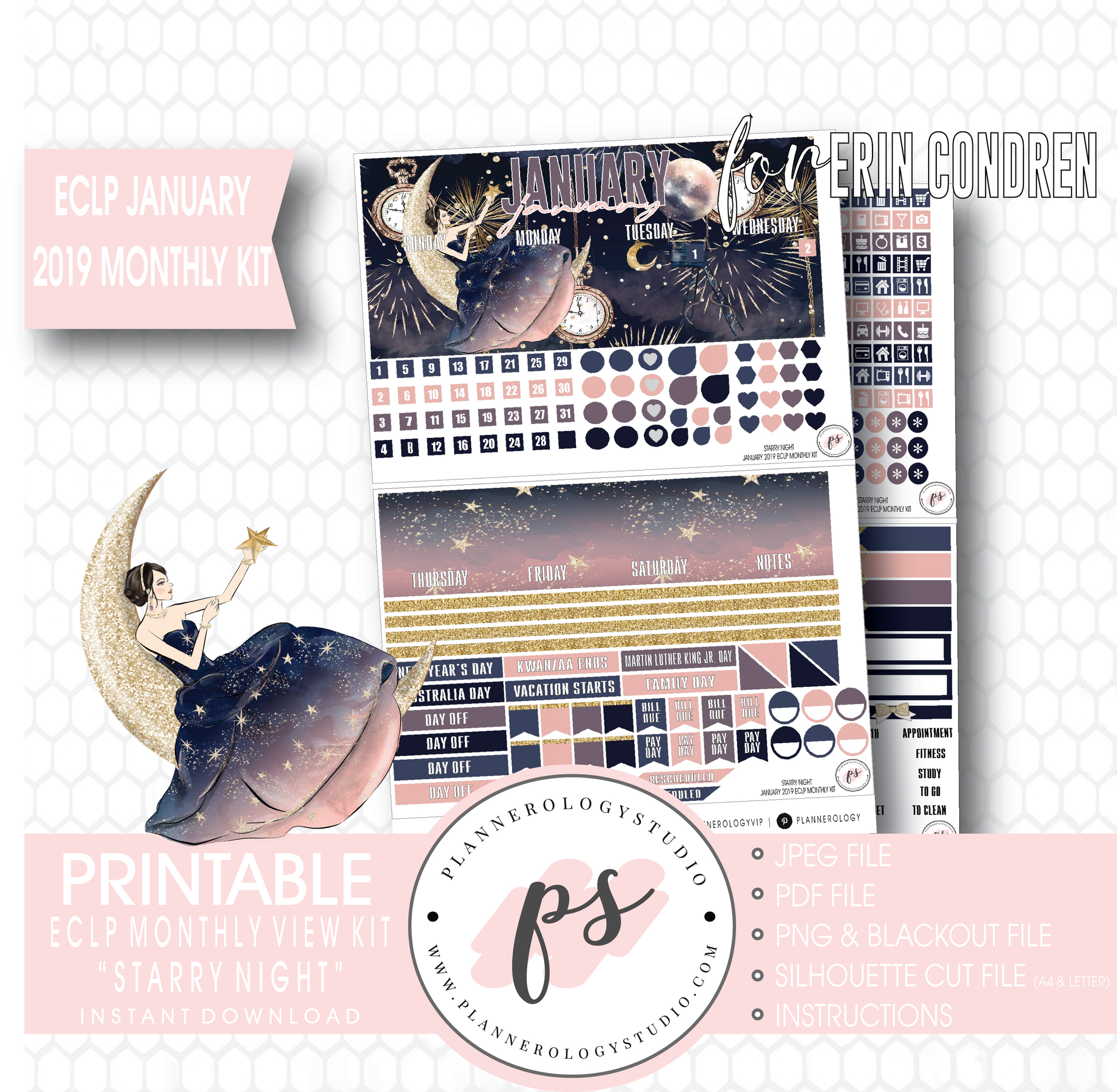 Starry Night New Years January (Undated) Monthly View Kit Digital Printable Planner Stickers (for use with Erin Condren) - Plannerologystudio