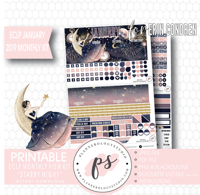 Starry Night New Years January (Undated) Monthly View Kit Digital Printable Planner Stickers (for use with Erin Condren) - Plannerologystudio