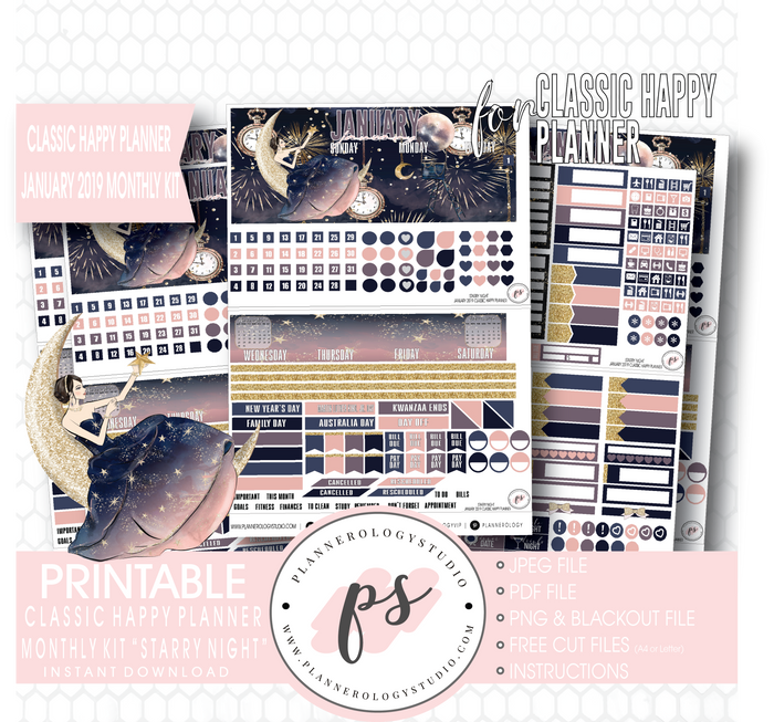 Starry Night New Years January 2019 Monthly View Kit Digital Printable Planner Stickers (for use with Classic Happy Planner) - Plannerologystudio