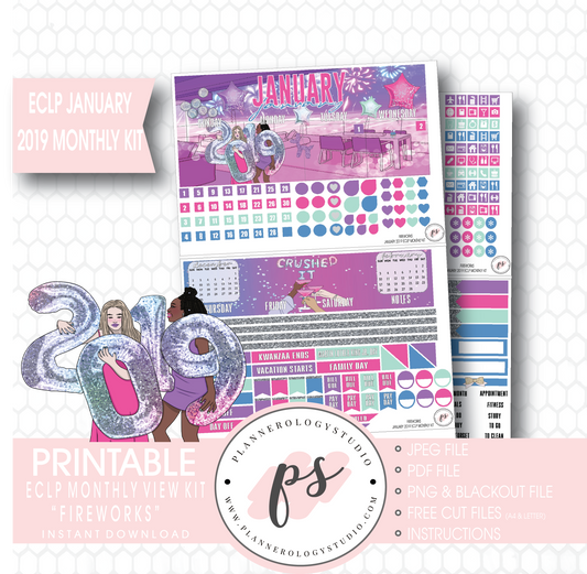 Fireworks New Years January 2019 Monthly View Kit Digital Printable Planner Stickers (for use with Erin Condren) - Plannerologystudio