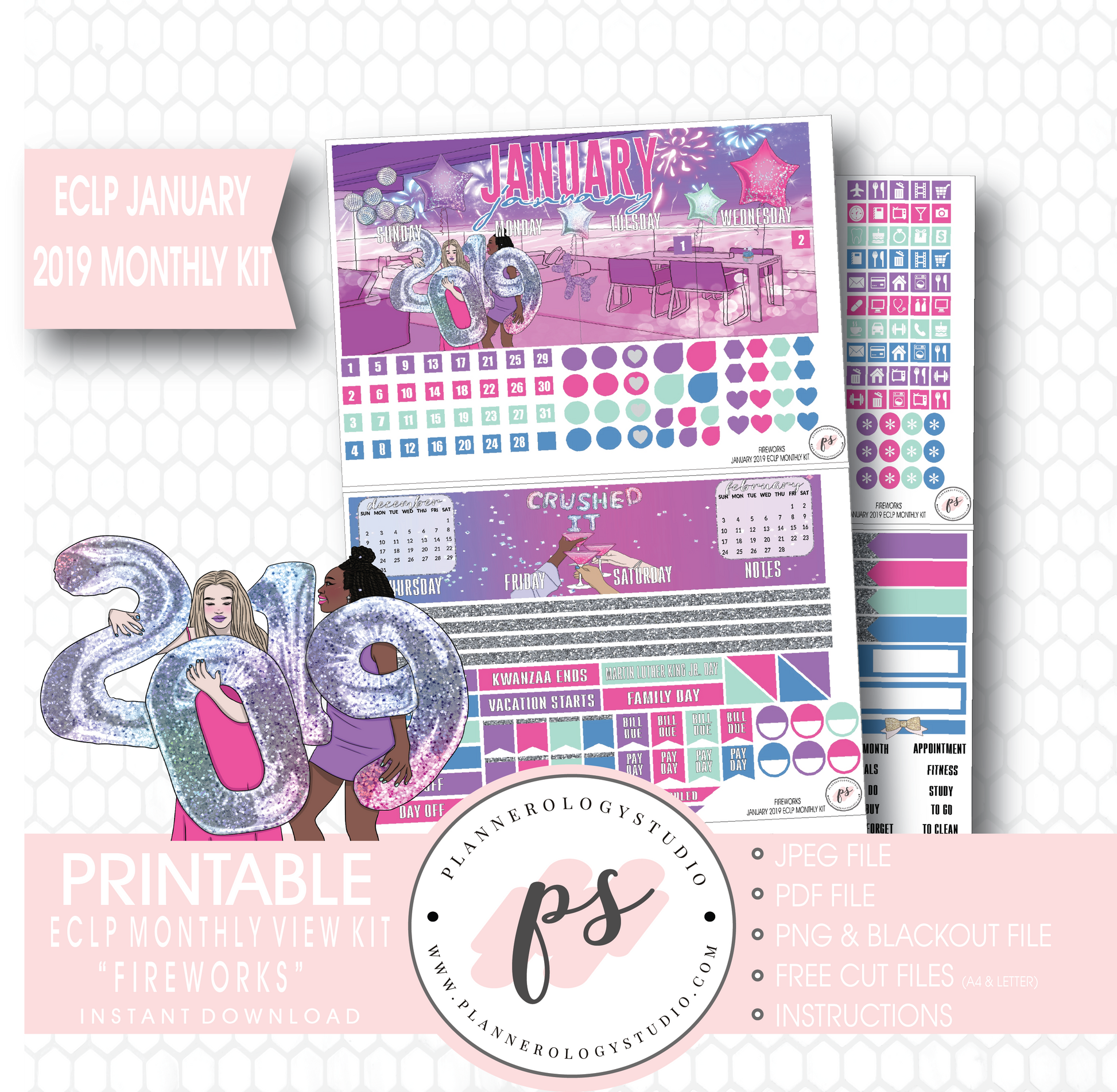 Fireworks New Years January 2019 Monthly View Kit Digital Printable Planner Stickers (for use with Erin Condren) - Plannerologystudio