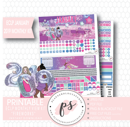Fireworks New Years January 2019 Monthly View Kit Digital Printable Planner Stickers (for use with Erin Condren) - Plannerologystudio
