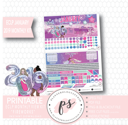 Fireworks New Years January 2019 Monthly View Kit Digital Printable Planner Stickers (for use with Erin Condren) - Plannerologystudio