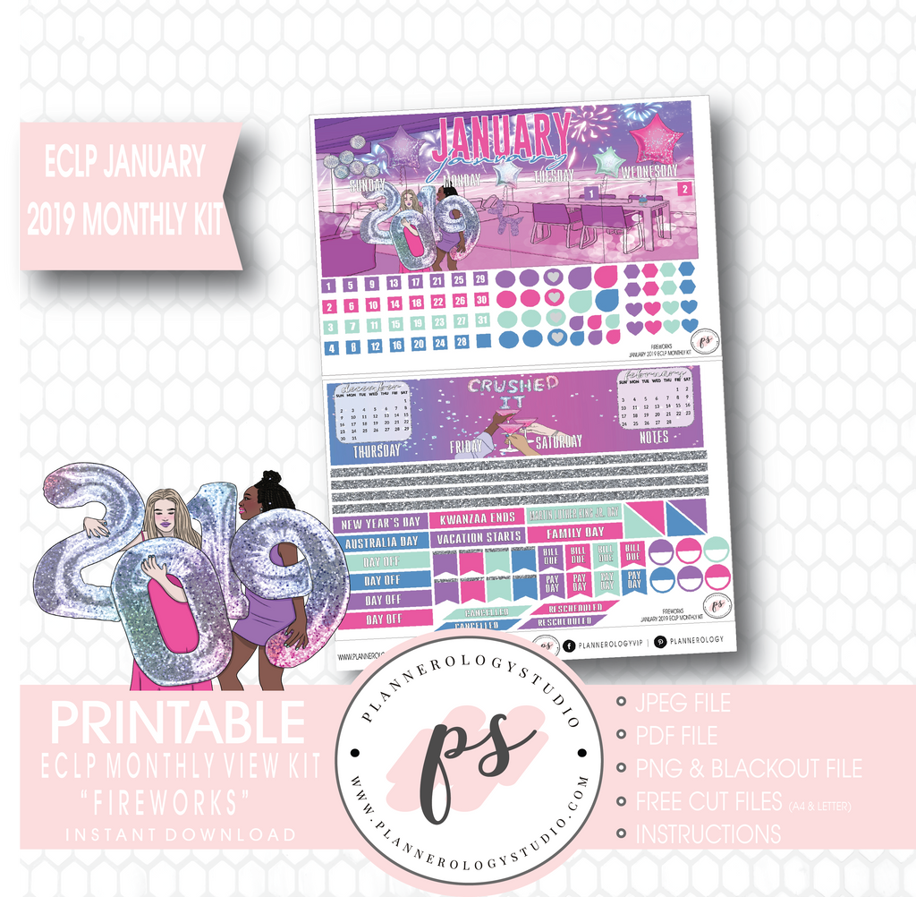 Fireworks New Years January 2019 Monthly View Kit Digital Printable Planner Stickers (for use with Erin Condren) - Plannerologystudio