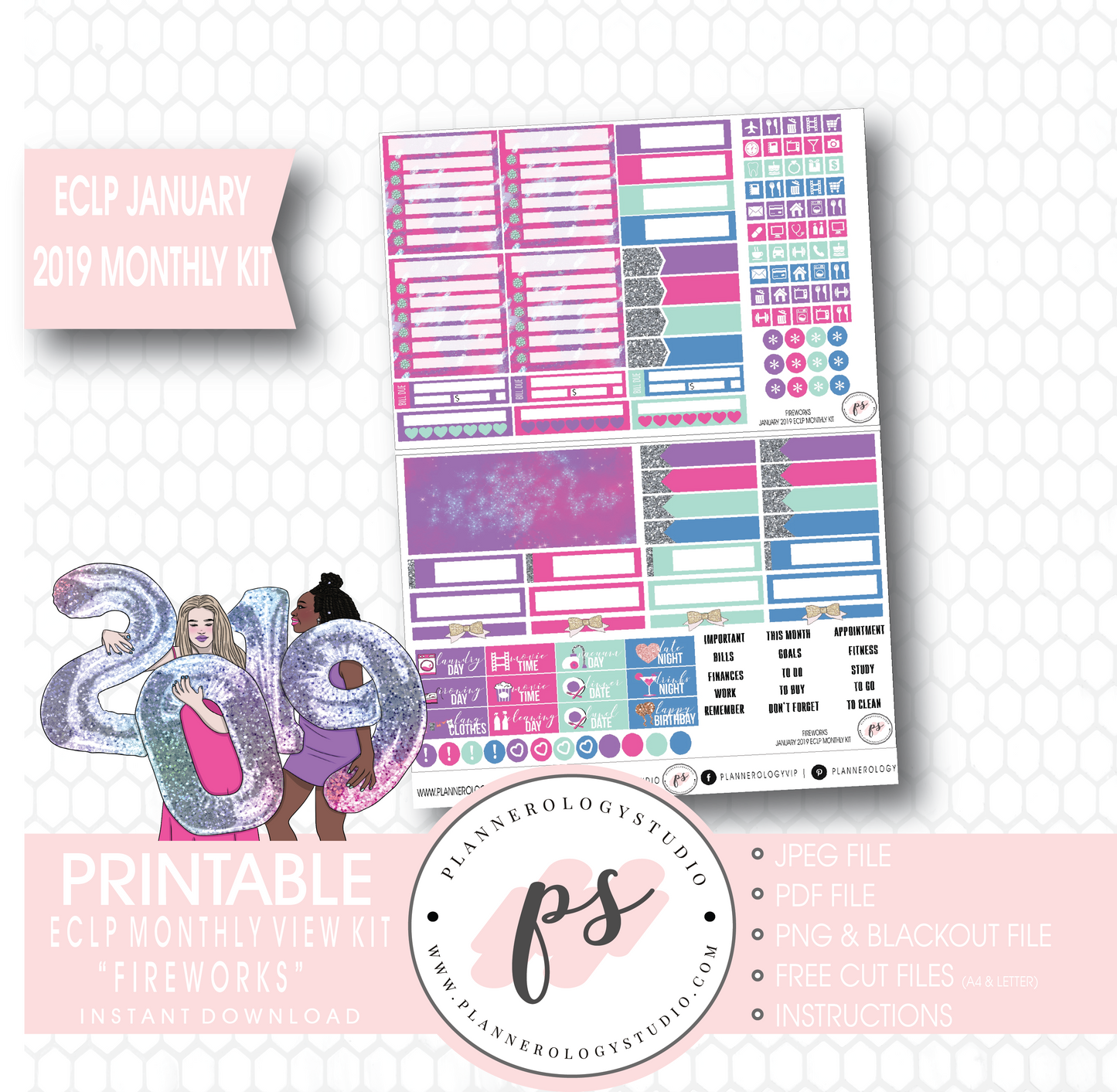 Fireworks New Years January 2019 Monthly View Kit Digital Printable Planner Stickers (for use with Erin Condren) - Plannerologystudio