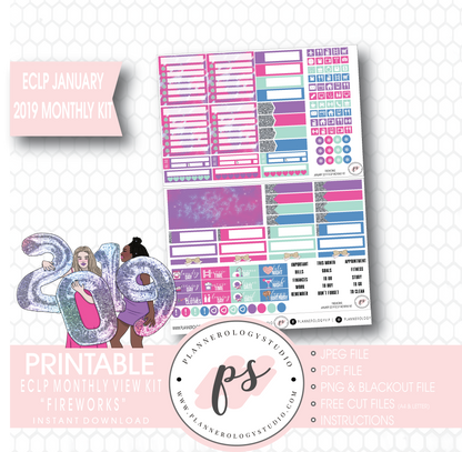 Fireworks New Years January 2019 Monthly View Kit Digital Printable Planner Stickers (for use with Erin Condren) - Plannerologystudio