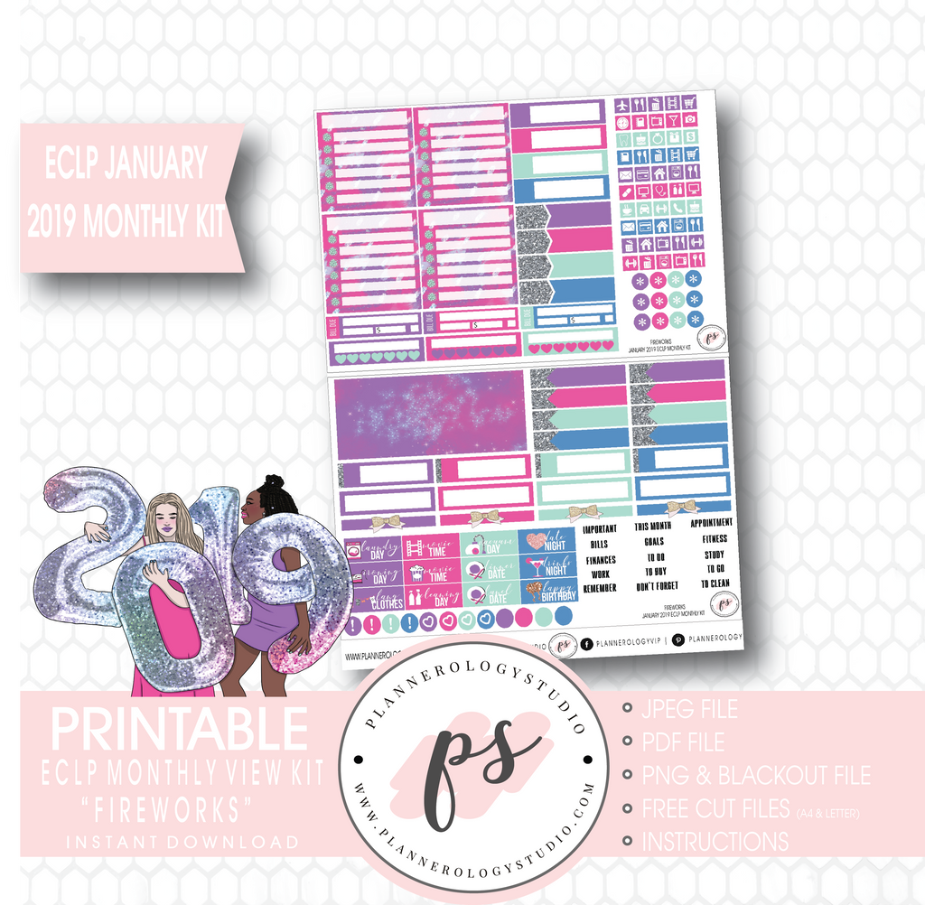 Fireworks New Years January 2019 Monthly View Kit Digital Printable Planner Stickers (for use with Erin Condren) - Plannerologystudio