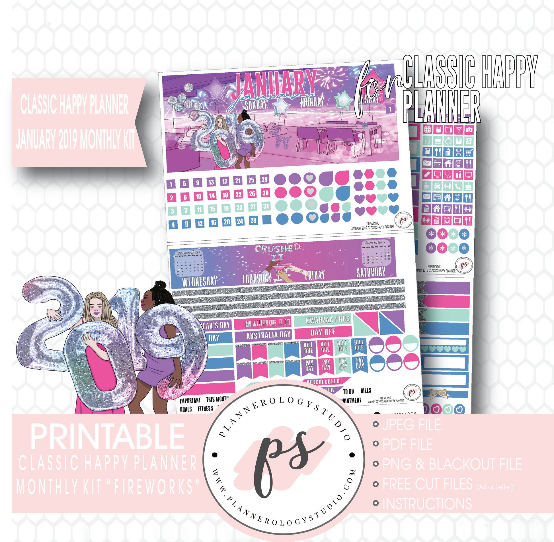 Fireworks New Years January 2019 Monthly View Kit Digital Printable Planner Stickers (for use with Classic Happy Planner) - Plannerologystudio