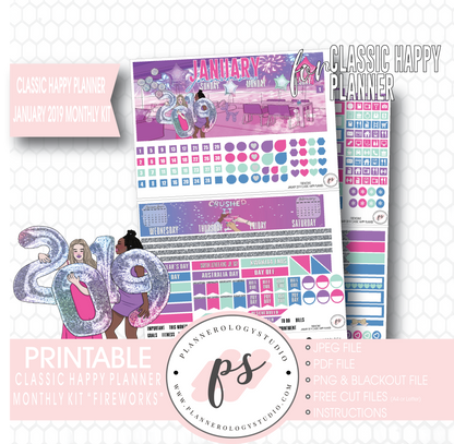 Fireworks New Years January 2019 Monthly View Kit Digital Printable Planner Stickers (for use with Classic Happy Planner) - Plannerologystudio