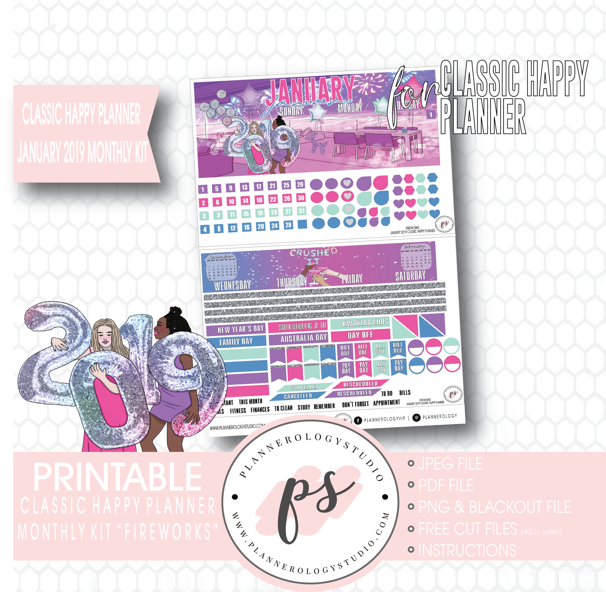 Fireworks New Years January 2019 Monthly View Kit Digital Printable Planner Stickers (for use with Classic Happy Planner) - Plannerologystudio