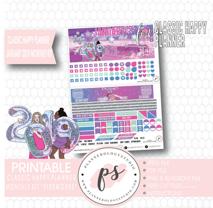 Fireworks New Years January 2019 Monthly View Kit Digital Printable Planner Stickers (for use with Classic Happy Planner) - Plannerologystudio