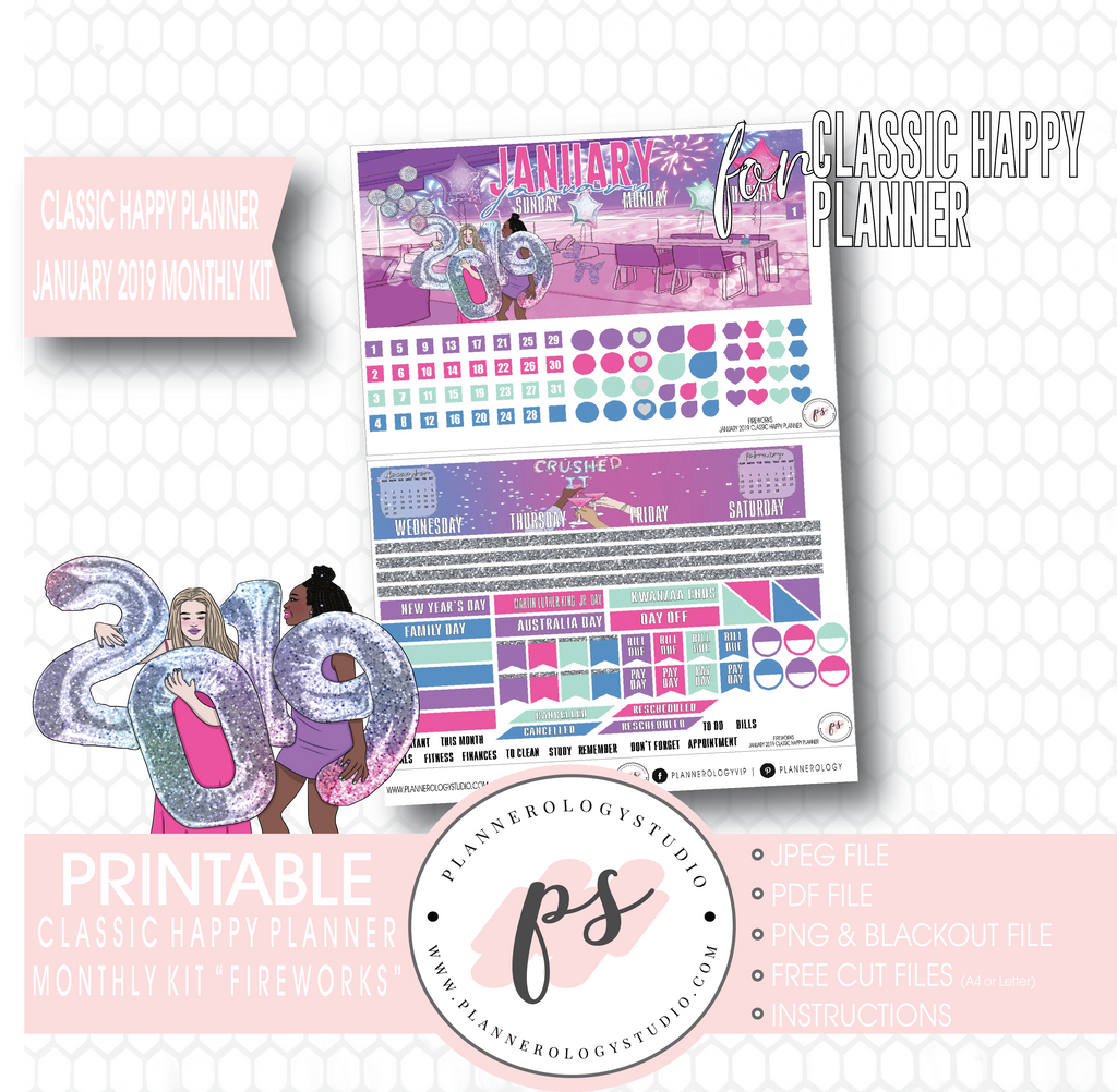 Fireworks New Years January 2019 Monthly View Kit Digital Printable Planner Stickers (for use with Classic Happy Planner) - Plannerologystudio