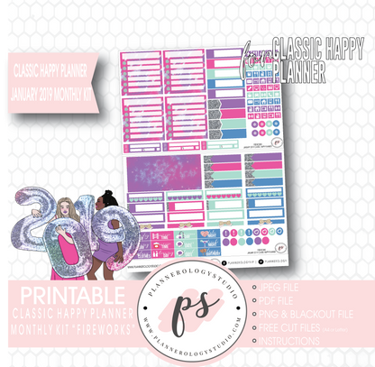Fireworks New Years January 2019 Monthly View Kit Digital Printable Planner Stickers (for use with Classic Happy Planner) - Plannerologystudio